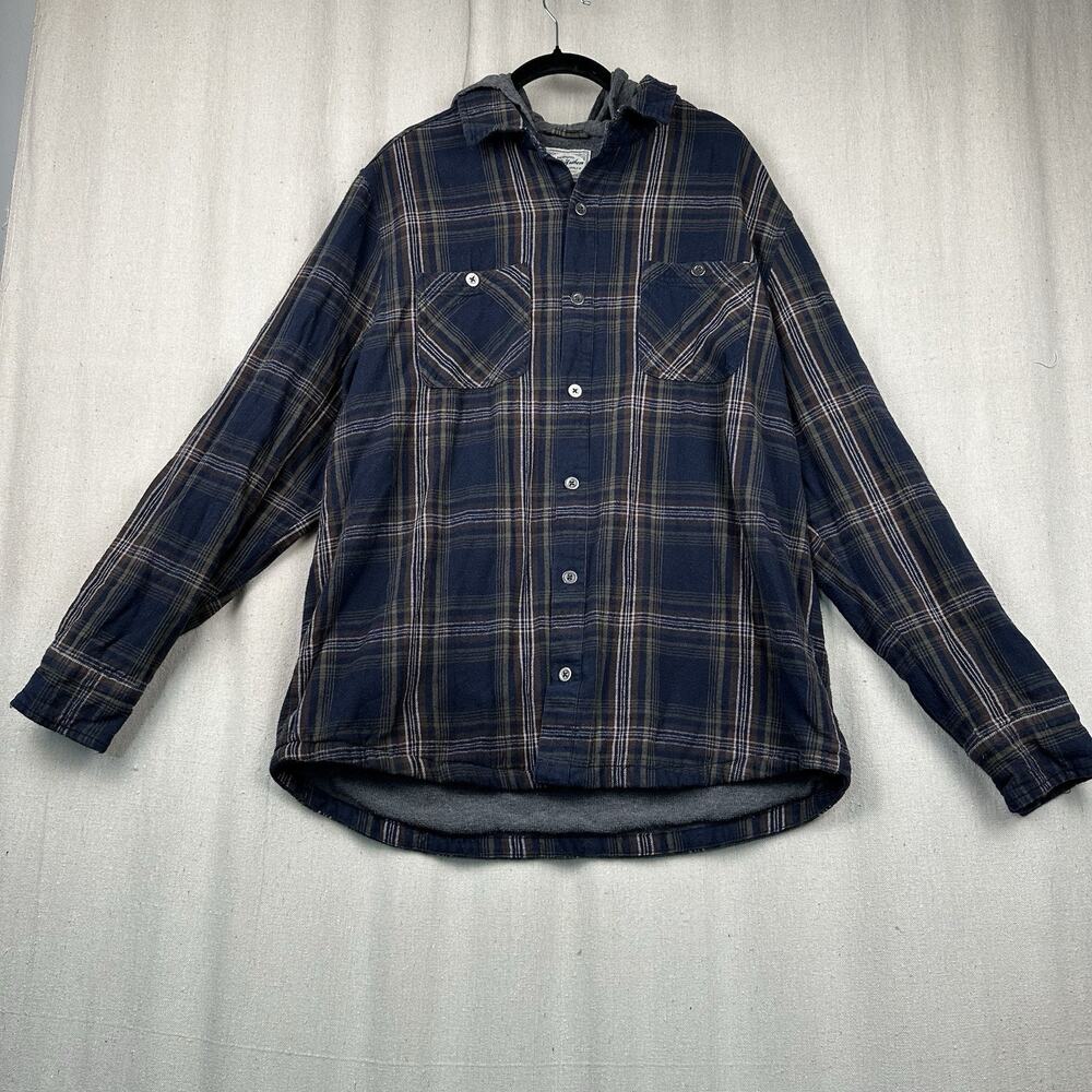 Flag Anthem | Men's Whitehall Shirt Jacket Large Hooded Lined Blue Brown Plaid